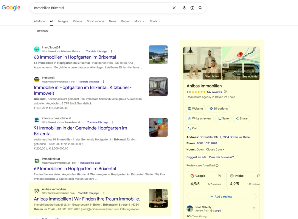 Das MyBusiness Profil von anibas-immobilien.com wird für den Suchbegriff Immobilien brixental angezeigt
